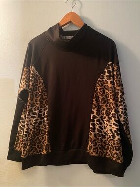 Women’s Available Large Black Pullover Sweatshirt with Leopard Panel Accents